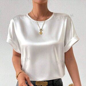 SHEIN Prive' Batwing Short Sleeve Satin Blouse With Round Neck